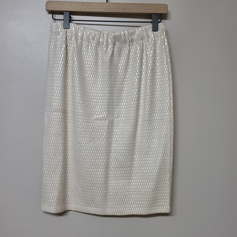 St John Marie Gray Size 2 Skirt Suit Ivory Sequin Knit Rhinestone Button 2PC - Picture 11 of 15